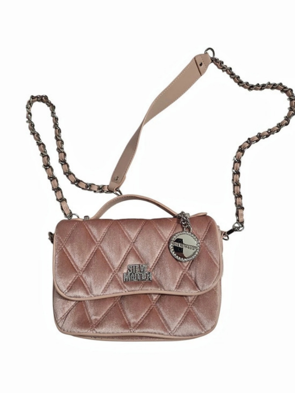 Steve Madden Pink Velvet Quilted Rhinestones Crossbody Bag Like New